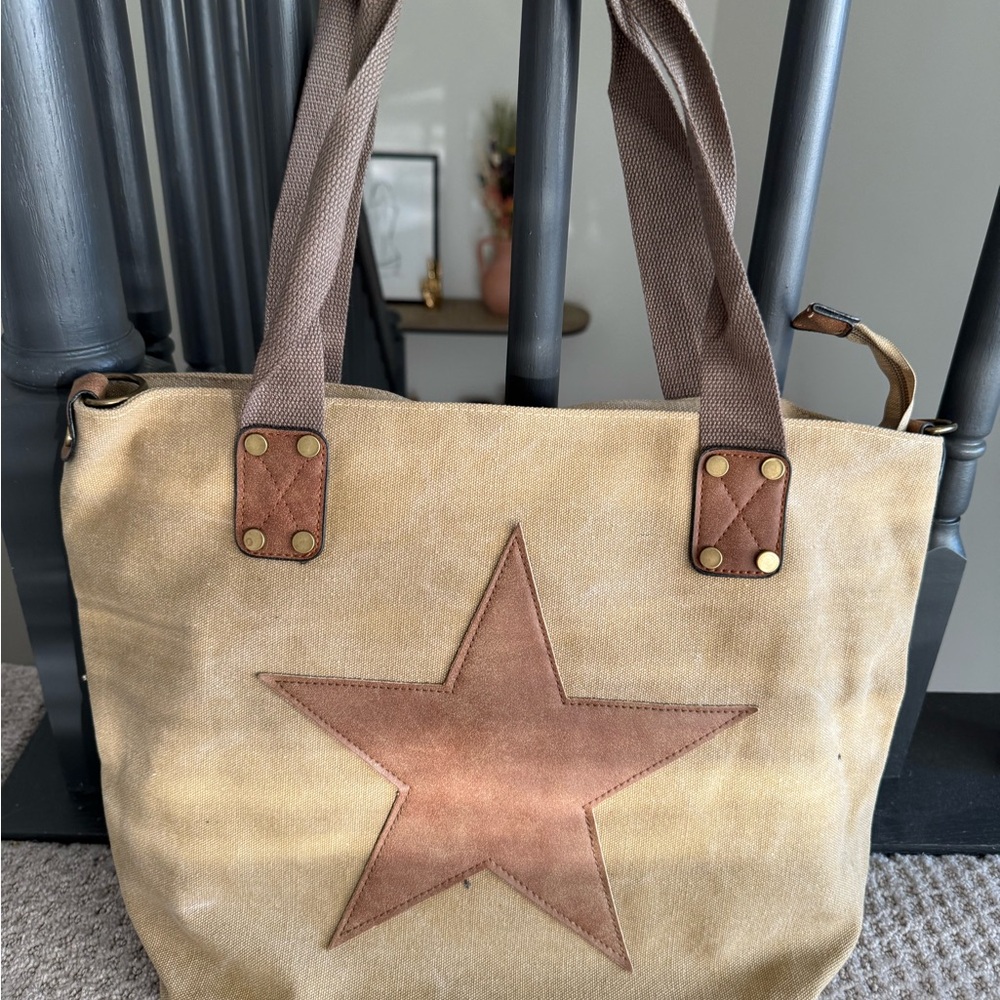 Canvas Star Tote Bag - Tan and Brown
